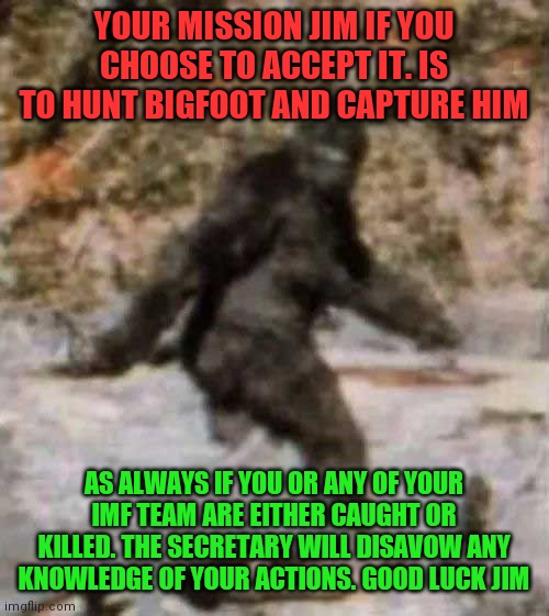 Bigfoot Mission Impossible | YOUR MISSION JIM IF YOU CHOOSE TO ACCEPT IT. IS TO HUNT BIGFOOT AND CAPTURE HIM; AS ALWAYS IF YOU OR ANY OF YOUR IMF TEAM ARE EITHER CAUGHT OR KILLED. THE SECRETARY WILL DISAVOW ANY KNOWLEDGE OF YOUR ACTIONS. GOOD LUCK JIM | image tagged in bigfoot,funny meme | made w/ Imgflip meme maker