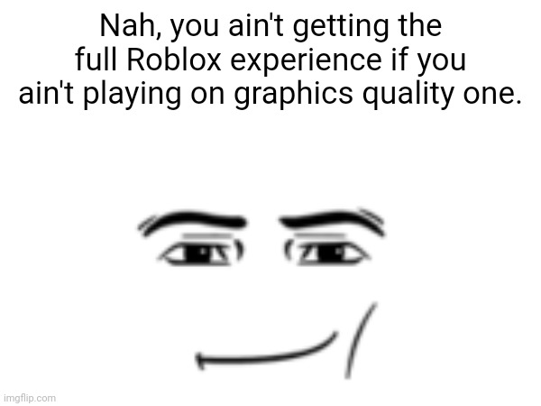 Nah, you ain't getting the full Roblox experience if you ain't playing on graphics quality one. | made w/ Imgflip meme maker