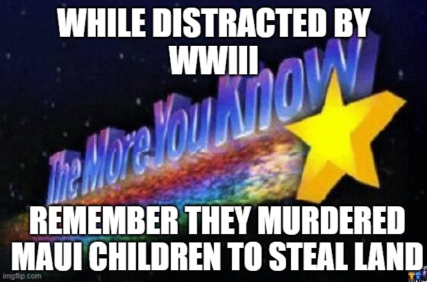 Our government is not the good side. | WHILE DISTRACTED BY
WWIII; REMEMBER THEY MURDERED
MAUI CHILDREN TO STEAL LAND | image tagged in the more you know | made w/ Imgflip meme maker
