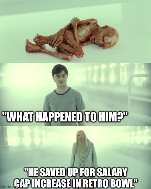 Harry Potter and Dumbledore | "WHAT HAPPENED TO HIM?"; "HE SAVED UP FOR SALARY CAP INCREASE IN RETRO BOWL" | image tagged in harry potter and dumbledore | made w/ Imgflip meme maker