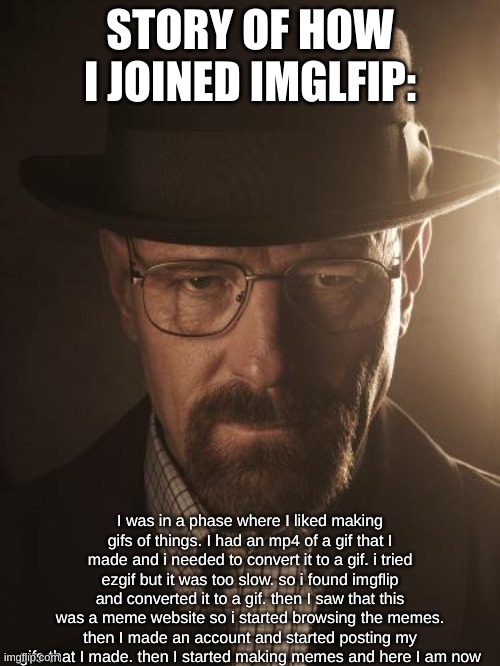 Walter White | STORY OF HOW I JOINED IMGLFIP:; I was in a phase where I liked making gifs of things. I had an mp4 of a gif that I made and i needed to convert it to a gif. i tried ezgif but it was too slow. so i found imgflip and converted it to a gif. then I saw that this was a meme website so i started browsing the memes. then I made an account and started posting my gifs that I made. then I started making memes and here I am now | image tagged in walter white | made w/ Imgflip meme maker
