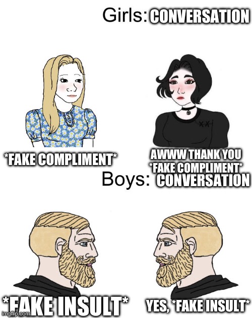 The homies | CONVERSATION; *FAKE COMPLIMENT*; AWWW THANK YOU *FAKE COMPLIMENT*; CONVERSATION; *FAKE INSULT*; YES, *FAKE INSULT* | image tagged in yes chad boys vs girls | made w/ Imgflip meme maker