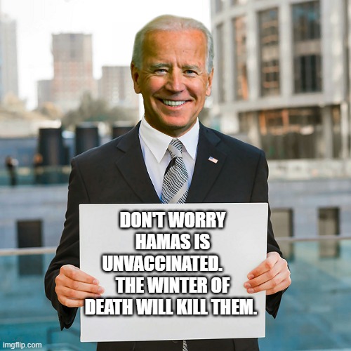 Joe Biden Blank Sign | DON'T WORRY HAMAS IS UNVACCINATED.       THE WINTER OF DEATH WILL KILL THEM. | image tagged in joe biden blank sign | made w/ Imgflip meme maker