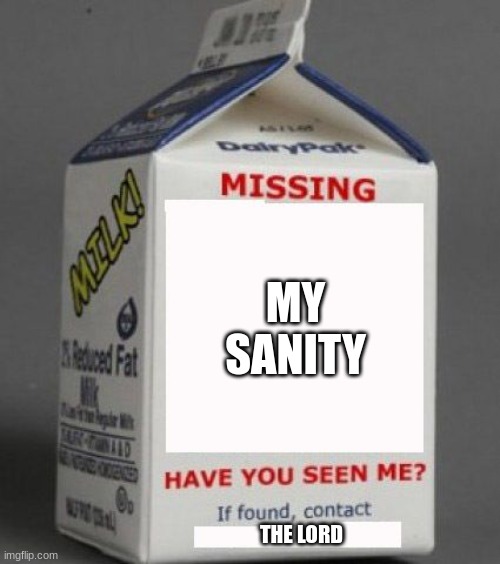 Milk carton | MY SANITY; THE LORD | image tagged in milk carton,sanity | made w/ Imgflip meme maker