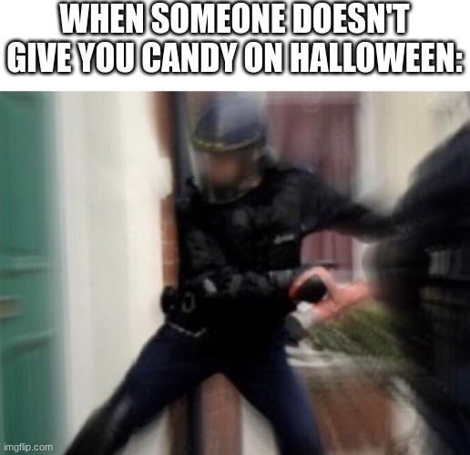 FBI Door Breach | WHEN SOMEONE DOESN'T GIVE YOU CANDY ON HALLOWEEN: | image tagged in fbi door breach | made w/ Imgflip meme maker