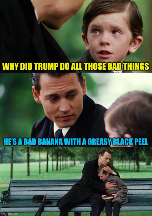 Also as cuddly as a cactus | WHY DID TRUMP DO ALL THOSE BAD THINGS; HE’S A BAD BANANA WITH A GREASY BLACK PEEL | image tagged in memes,finding neverland,donald trump | made w/ Imgflip meme maker