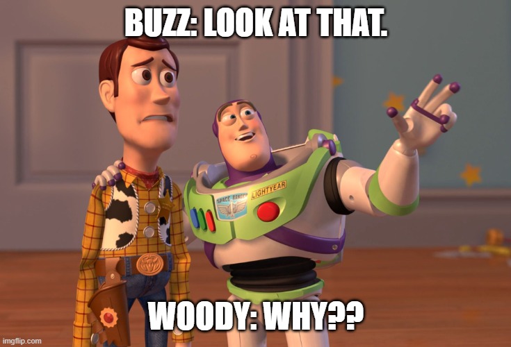 X, X Everywhere | BUZZ: LOOK AT THAT. WOODY: WHY?? | image tagged in memes,x x everywhere | made w/ Imgflip meme maker