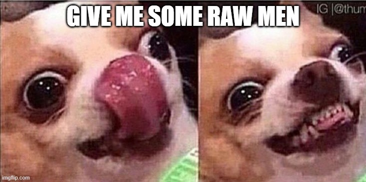 Hungry dog | GIVE ME SOME RAW MEN | image tagged in hungry dog | made w/ Imgflip meme maker