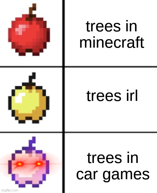 remake of a remake of an old meme | trees in minecraft; trees irl; trees in car games | image tagged in why are you reading the tags,stop reading the tags | made w/ Imgflip meme maker