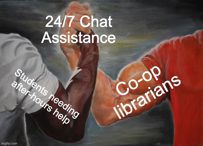 Epic Handshake Meme | 24/7 Chat Assistance; Co-op librarians; Students needing after-hours help | image tagged in memes,epic handshake | made w/ Imgflip meme maker