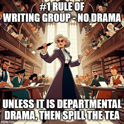 Writing Group Rule 1 | #1 RULE OF WRITING GROUP - NO DRAMA; UNLESS IT IS DEPARTMENTAL DRAMA, THEN SPILL THE TEA | image tagged in writing warrior,drama,rules,writing group,tea | made w/ Imgflip meme maker