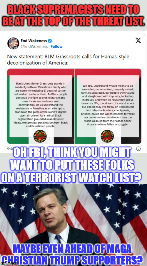 We know who the real terrorists are... they even broadcast it... | BLACK SUPREMACISTS NEED TO BE AT THE TOP OF THE THREAT LIST. OH FBI, THINK YOU MIGHT WANT TO PUT THESE FOLKS ON A TERRORIST WATCH LIST? MAYBE EVEN AHEAD OF MAGA CHRISTIAN TRUMP SUPPORTERS? | image tagged in blind,fbi,blm,threats | made w/ Imgflip meme maker