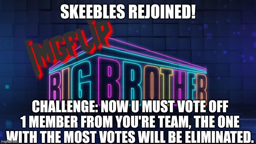 Challenge/Elimination | SKEEBLES REJOINED! CHALLENGE: NOW U MUST VOTE OFF 1 MEMBER FROM YOU'RE TEAM, THE ONE WITH THE MOST VOTES WILL BE ELIMINATED. | image tagged in imgflip big brother 2 logo | made w/ Imgflip meme maker
