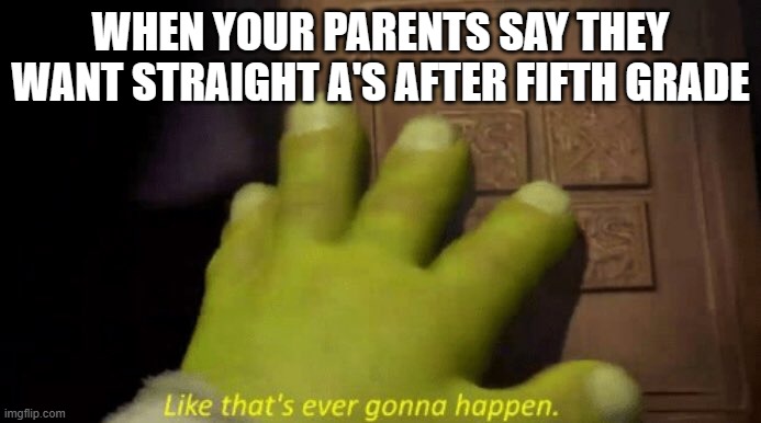 honestly, our society puts way too much of an emphasis on grades. | WHEN YOUR PARENTS SAY THEY WANT STRAIGHT A'S AFTER FIFTH GRADE | image tagged in like that's ever gonna happen,school,grades | made w/ Imgflip meme maker