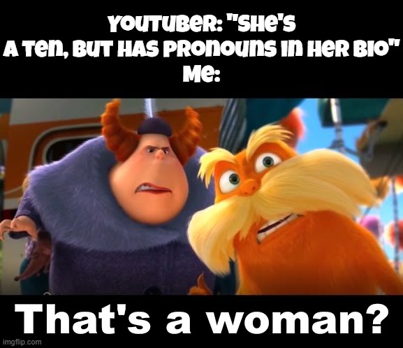 lol | YouTuber: "She's a ten, but has pronouns in her bio"
Me: | image tagged in that's a woman | made w/ Imgflip meme maker