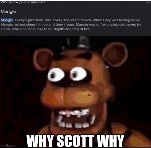 why scoot why | WHY SCOTT WHY | image tagged in shocked freddy fazbear,foxy,mangle,fnaf,what the hell happened here | made w/ Imgflip meme maker