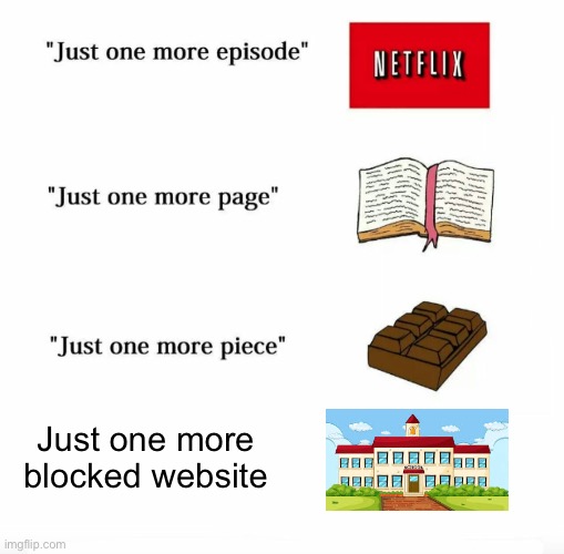 Seriously, they block EVERYTHING. | Just one more blocked website | image tagged in just one more | made w/ Imgflip meme maker