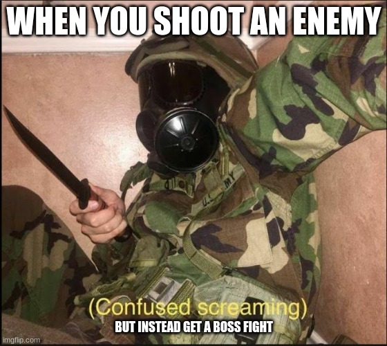 AHHHHHHH | WHEN YOU SHOOT AN ENEMY; BUT INSTEAD GET A BOSS FIGHT | image tagged in confused screaming but with gas mask | made w/ Imgflip meme maker