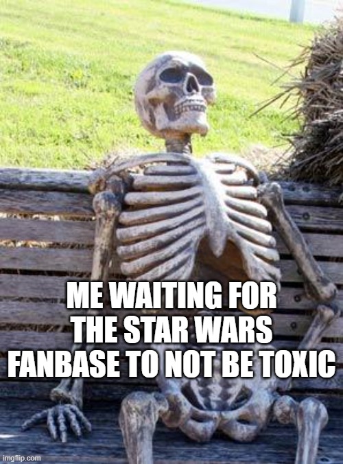 I'll be dead. | ME WAITING FOR THE STAR WARS FANBASE TO NOT BE TOXIC | image tagged in memes,waiting skeleton,star wars,disney killed star wars,toxic,it's not gonna happen | made w/ Imgflip meme maker