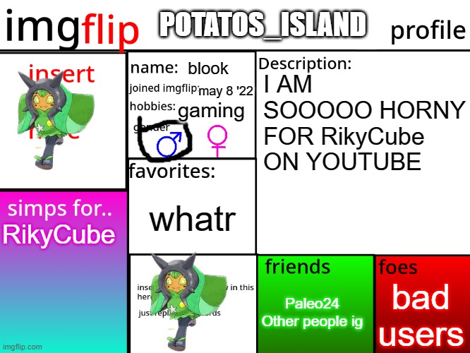 the desc is a joke btw | POTATOS_ISLAND; blook; I AM SOOOOO HORNY FOR RikyCube ON YOUTUBE; may 8 '22; gaming; whatr; RikyCube; bad users; Paleo24
Other people ig | image tagged in msmg profile | made w/ Imgflip meme maker