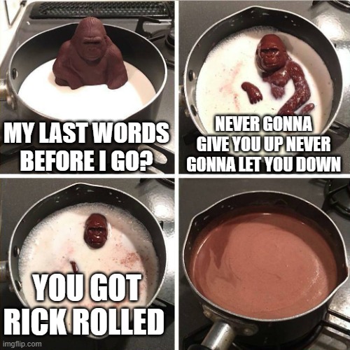 chocolate gorilla | MY LAST WORDS BEFORE I GO? NEVER GONNA GIVE YOU UP NEVER GONNA LET YOU DOWN; YOU GOT RICK ROLLED | image tagged in chocolate gorilla,rick astley,never gonna give you up,rick roll,last words | made w/ Imgflip meme maker