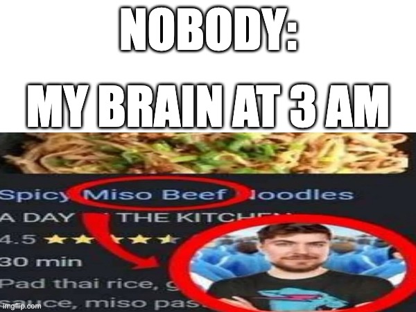 MISO BEEF MORE LIEK MISTOR BEEST | NOBODY:; MY BRAIN AT 3 AM | image tagged in mr beast,memes | made w/ Imgflip meme maker