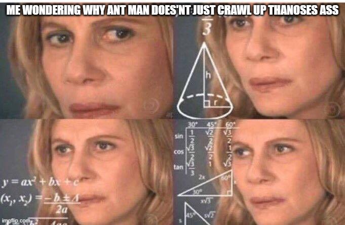 why did't he just do that? | ME WONDERING WHY ANT MAN DOES'NT JUST CRAWL UP THANOSES ASS | image tagged in math lady/confused lady | made w/ Imgflip meme maker