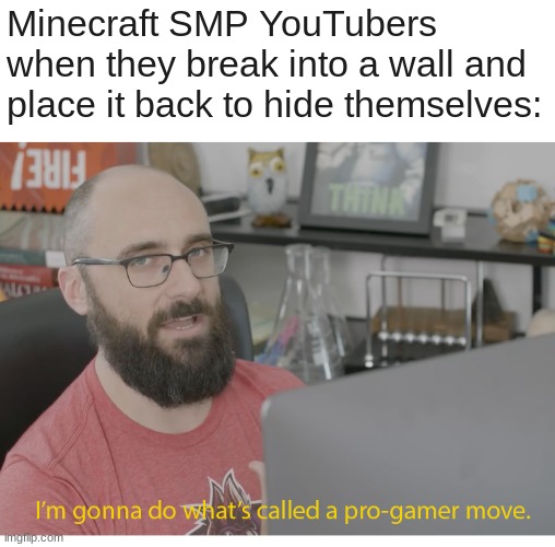 *starts being really quiet even though nobody's on the same vc* | Minecraft SMP YouTubers when they break into a wall and place it back to hide themselves: | image tagged in i'm gonna do what's called a pro-gamer move | made w/ Imgflip meme maker