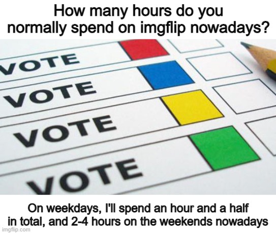 I don't understand why people think I still spend 9 hours on imgflip daily lol | How many hours do you normally spend on imgflip nowadays? On weekdays, I'll spend an hour and a half in total, and 2-4 hours on the weekends nowadays | image tagged in political poll | made w/ Imgflip meme maker