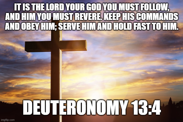 Bible Verse of the Day | IT IS THE LORD YOUR GOD YOU MUST FOLLOW, AND HIM YOU MUST REVERE. KEEP HIS COMMANDS AND OBEY HIM; SERVE HIM AND HOLD FAST TO HIM. DEUTERONOMY 13:4 | image tagged in bible verse of the day | made w/ Imgflip meme maker