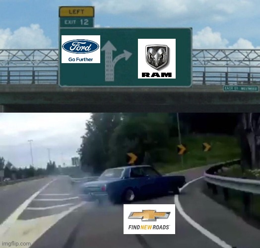 FORD vs RAM vs CHEVROLET Meme | image tagged in memes,left exit 12 off ramp,ford,ram,chevrolet,vehicle | made w/ Imgflip meme maker