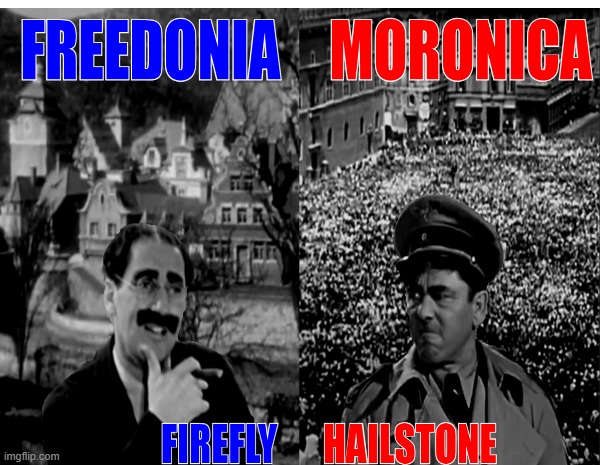 Freedonia VS Moronica | image tagged in marx brothers,three stooges | made w/ Imgflip meme maker