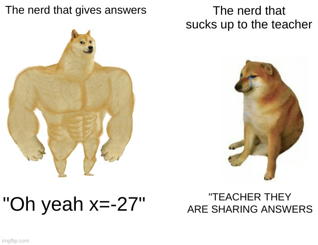 Buff Doge vs. Cheems | The nerd that gives answers; The nerd that sucks up to the teacher; "Oh yeah x=-27"; "TEACHER THEY ARE SHARING ANSWERS | image tagged in memes,buff doge vs cheems | made w/ Imgflip meme maker