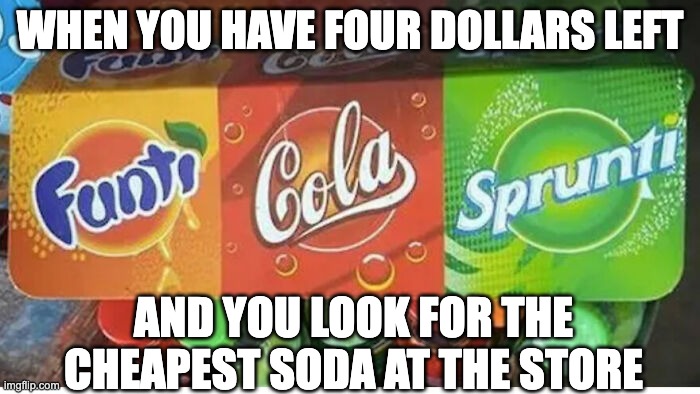 Totally original | WHEN YOU HAVE FOUR DOLLARS LEFT; AND YOU LOOK FOR THE CHEAPEST SODA AT THE STORE | image tagged in rip-off brands,fun | made w/ Imgflip meme maker