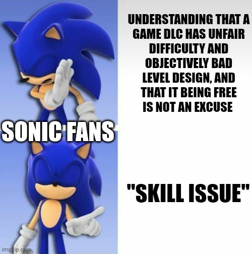 Sonic fans try not to cons00m challenge (IMPOSSIBLE!) | UNDERSTANDING THAT A
GAME DLC HAS UNFAIR
DIFFICULTY AND
OBJECTIVELY BAD
LEVEL DESIGN, AND
THAT IT BEING FREE
IS NOT AN EXCUSE; SONIC FANS; "SKILL ISSUE" | image tagged in sonic hotline bling | made w/ Imgflip meme maker