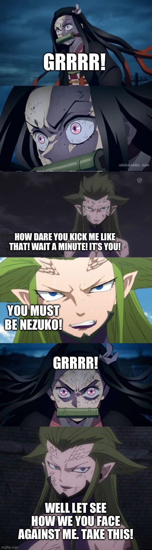 Kyoka vs Nezuko | GRRRR! HOW DARE YOU KICK ME LIKE THAT! WAIT A MINUTE! IT’S YOU! YOU MUST BE NEZUKO! GRRRR! WELL LET SEE HOW WE YOU FACE AGAINST ME. TAKE THIS! | image tagged in anime | made w/ Imgflip meme maker