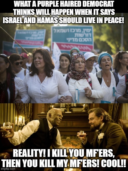 I kill you Mf'ers, then you kill my Mf'ers!!  Cool!! | WHAT A PURPLE HAIRED DEMOCRAT THINKS WILL HAPPEN WHEN IT SAYS ISRAEL AND HAMAS SHOULD LIVE IN PEACE! REALITY! I KILL YOU MF'ERS, THEN YOU KILL MY MF'ERS! COOL!! | image tagged in leonardo dicaprio django laugh | made w/ Imgflip meme maker