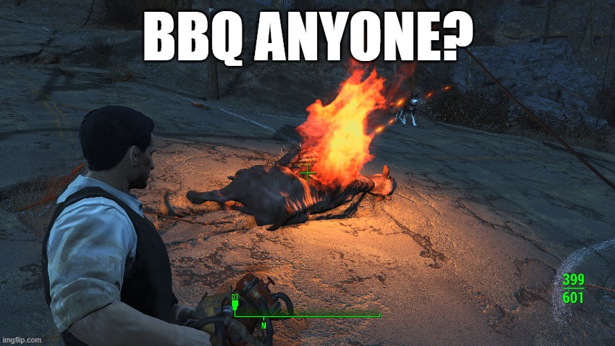 BBQ Anyone? | BBQ ANYONE? | image tagged in fallout 4,gaming,fallout 4 memes | made w/ Imgflip meme maker