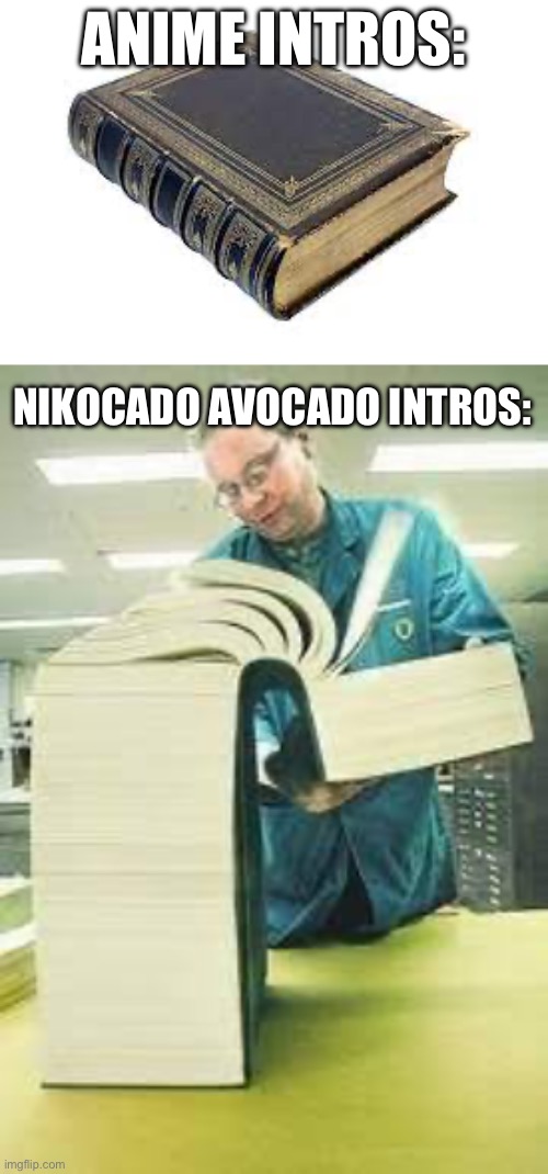 nikocados intros are like 8 mins long | ANIME INTROS:; NIKOCADO AVOCADO INTROS: | image tagged in books,nikocado avocado | made w/ Imgflip meme maker