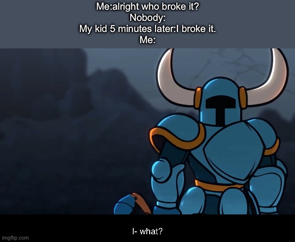 Me in the future | Me:alright who broke it?
Nobody:
My kid 5 minutes later:I broke it.
Me: | image tagged in shovel knight confused | made w/ Imgflip meme maker
