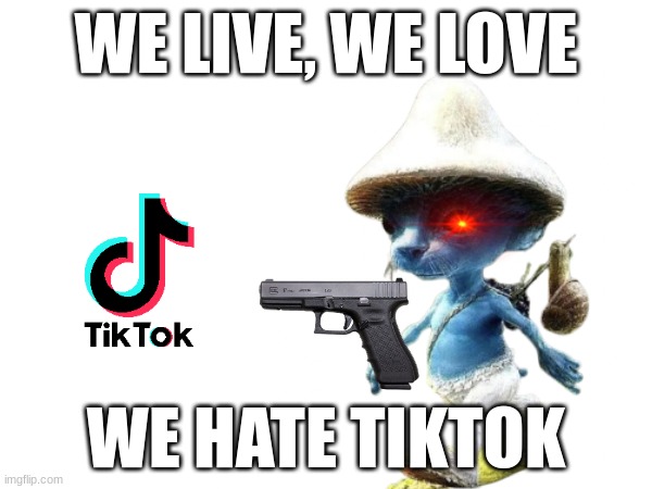 WE LIVE, WE LOVE; WE HATE TIKTOK | image tagged in smurf,cat,tiktok sucks | made w/ Imgflip meme maker