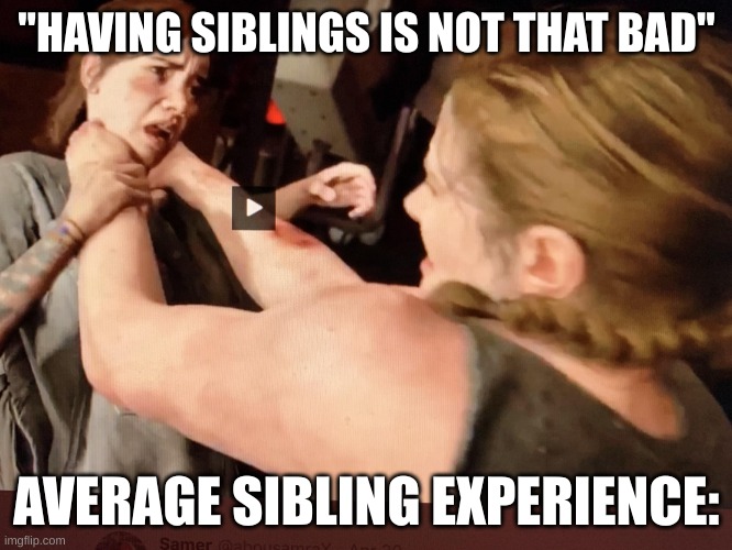 Average sibling experience | "HAVING SIBLINGS IS NOT THAT BAD"; AVERAGE SIBLING EXPERIENCE: | image tagged in last of us part 2 | made w/ Imgflip meme maker