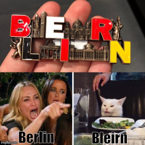 I WAS IN BLEIRN | Berlin; Bleirn | image tagged in smudge the cat,berlin,woman yelling at cat,woman yelling at a cat | made w/ Imgflip meme maker