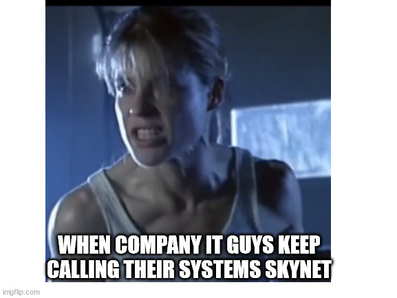 When company IT guys keep calling their systems Skynet | WHEN COMPANY IT GUYS KEEP CALLING THEIR SYSTEMS SKYNET | image tagged in blank white template | made w/ Imgflip meme maker