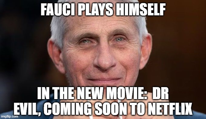 Fauci as Dr Evil | FAUCI PLAYS HIMSELF; IN THE NEW MOVIE:  DR EVIL, COMING SOON TO NETFLIX | image tagged in fauci as dr evil | made w/ Imgflip meme maker