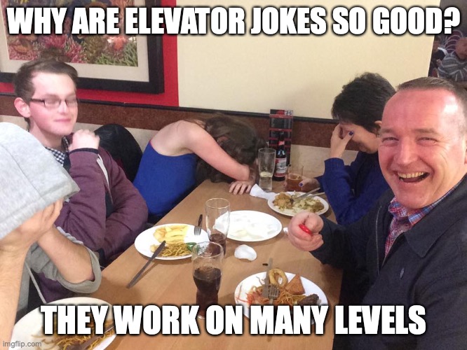 Dad joke that most wouldn't laugh at | WHY ARE ELEVATOR JOKES SO GOOD? THEY WORK ON MANY LEVELS | image tagged in dad joke meme | made w/ Imgflip meme maker