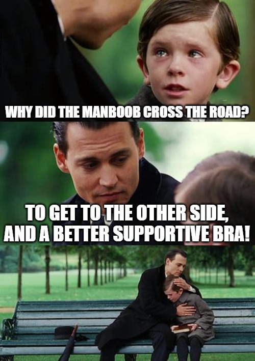 Finding Neverland Meme | WHY DID THE MANBOOB CROSS THE ROAD? TO GET TO THE OTHER SIDE, AND A BETTER SUPPORTIVE BRA! | image tagged in memes,finding neverland | made w/ Imgflip meme maker