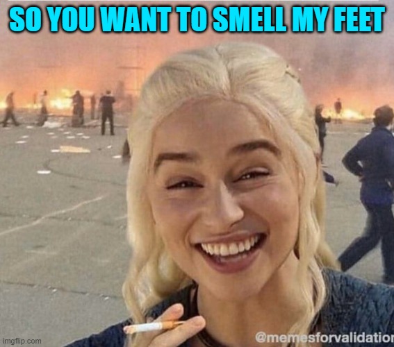 Classic! | SO YOU WANT TO SMELL MY FEET | image tagged in daenerys smoke | made w/ Imgflip meme maker