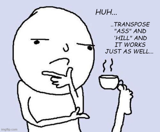 thinking meme | HUH... ..TRANSPOSE "ASS" AND 'HILL" AND IT WORKS JUST AS WELL... | image tagged in thinking meme | made w/ Imgflip meme maker