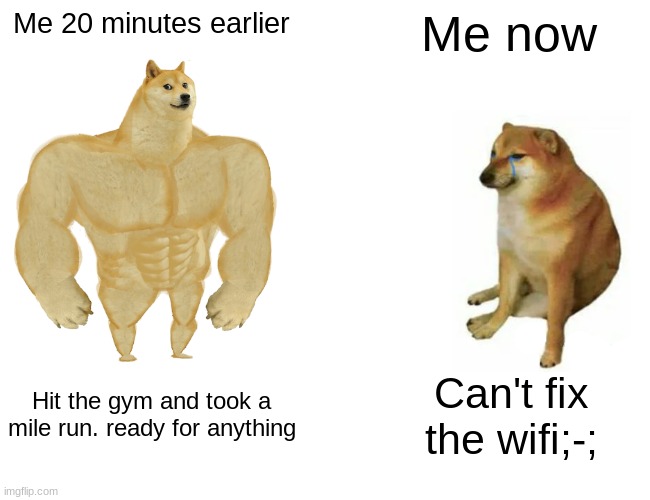 Buff Doge vs. Cheems | Me 20 minutes earlier; Me now; Hit the gym and took a mile run. ready for anything; Can't fix the wifi;-; | image tagged in memes,buff doge vs cheems | made w/ Imgflip meme maker